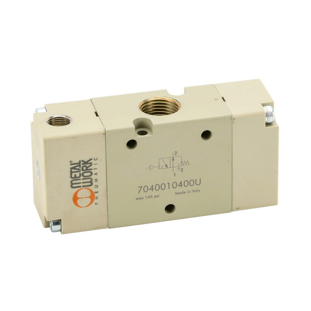 7040010400U - Metal Work pilot valve, 3-port (3-way), 2-position, N.O., single air pilot spring return, 3/8in female NPT inlet(s), 3/8in female NPT outlet(s), 3/8in female NPT exhaust(s), 1/8in female NPT pilot(s), Cv=2.1.