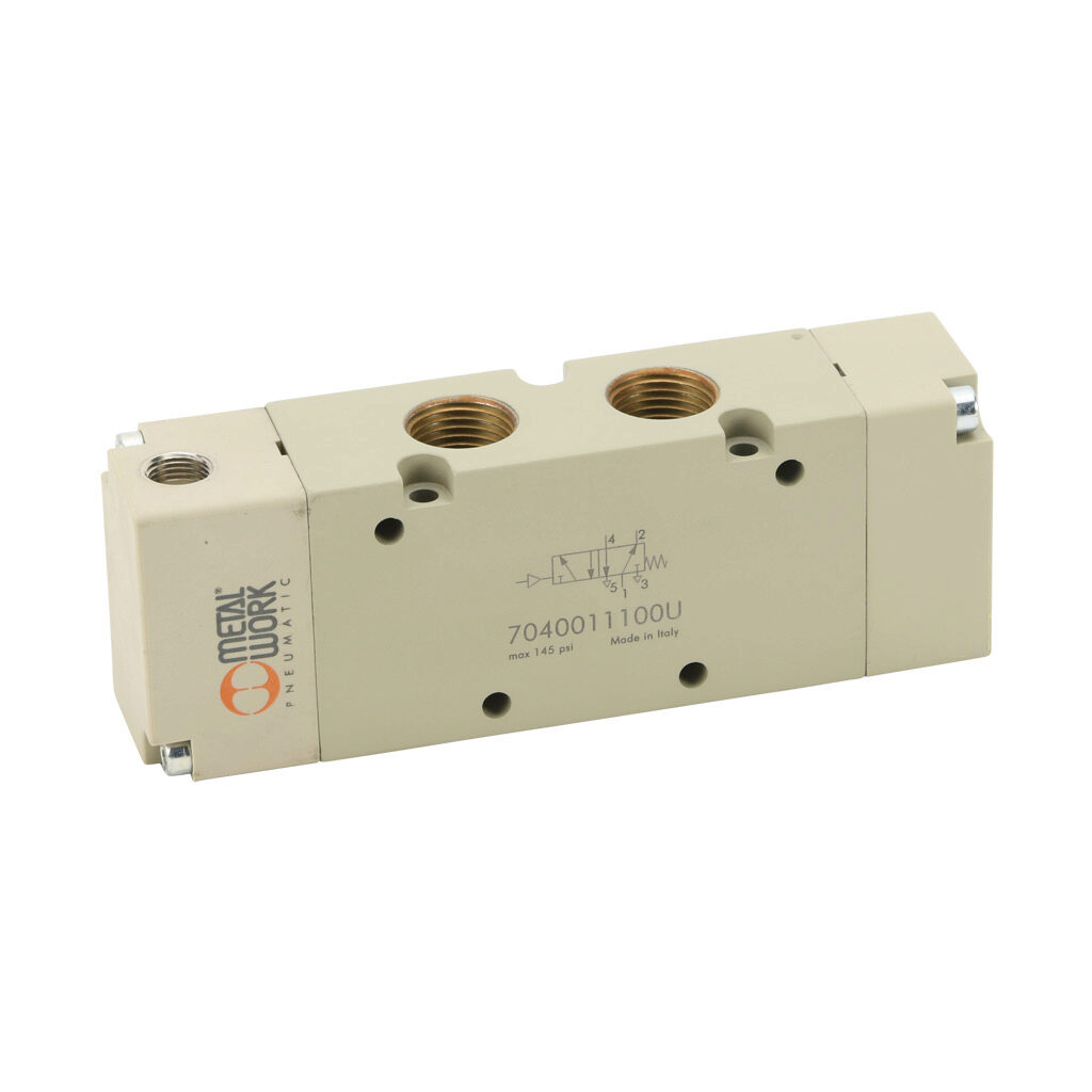 7040011100U - Metal Work pilot valve, 5-port (4-way), 2-position, single air pilot spring return, 3/8in female NPT inlet(s), 3/8in female NPT outlet(s), 3/8in female NPT exhaust(s), 1/8in female NPT pilot(s), Cv=2.1.