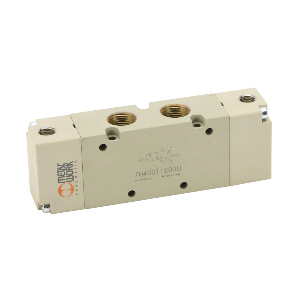 7040011200U - Metal Work pilot valve, 5-port (4-way), 2-position, double air pilot, 3/8in female NPT inlet(s), 3/8in female NPT outlet(s), 3/8in female NPT exhaust(s), 1/8in female NPT pilot(s), Cv=2.1.