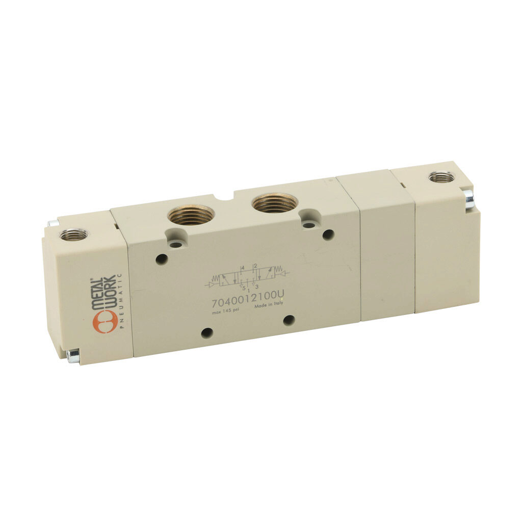 7040012100U - Metal Work pilot valve, 5-port (4-way), 3-position, center closed, double air pilot, 3/8in female NPT inlet(s), 3/8in female NPT outlet(s), 3/8in female NPT exhaust(s), 1/8in female NPT pilot(s), Cv=2.1.