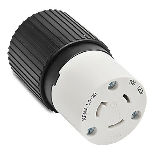 70520NC - Bryant industrial heavy duty locking blade connector, 20A, 125 VAC, 1-phase, 2-pole, 3-wire, NEMA L5-20, accepts cord size 0.3-0.95in, nylon housing, black and white.