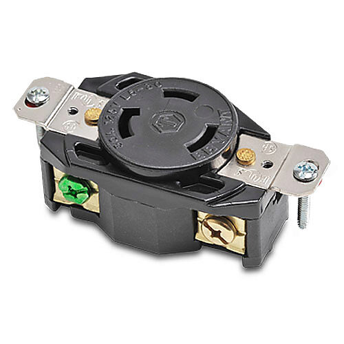 70530FR - Bryant industrial heavy duty single locking blade receptacle, 30A, 125 VAC, 1-phase, 2-pole, 3-wire, NEMA L5-30, nylon molded housing, black.