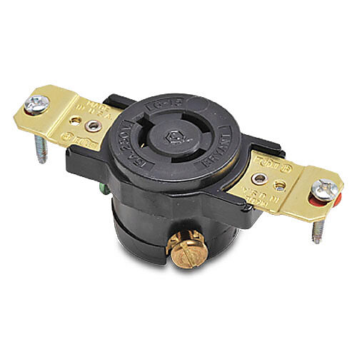 70615FR - Bryant industrial heavy duty single locking blade receptacle, 15A, 250 VAC, 1-phase, 2-pole, 3-wire, NEMA L6-15, nylon molded housing, black.