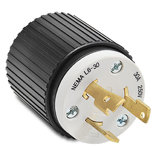 70630NP - Bryant industrial heavy duty locking blade plug, 30A, 250 VAC, 1-phase, 2-pole, 3-wire, NEMA L6-30, accepts cord size 0.3-0.95in, nylon housing, black and white.