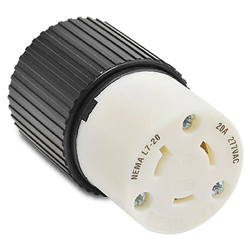 70720NC - Bryant industrial heavy duty locking blade connector, 20A, 277 VAC, 1-phase, 2-pole, 3-wire, NEMA L7-20, accepts cord size 0.3-0.95in, nylon housing, black and white.