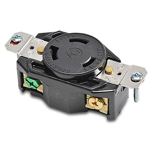 70730FR - Bryant industrial heavy duty single locking blade receptacle, 30A, 277 VAC, 1-phase, 2-pole, 3-wire, NEMA L7-30, nylon molded housing, black.