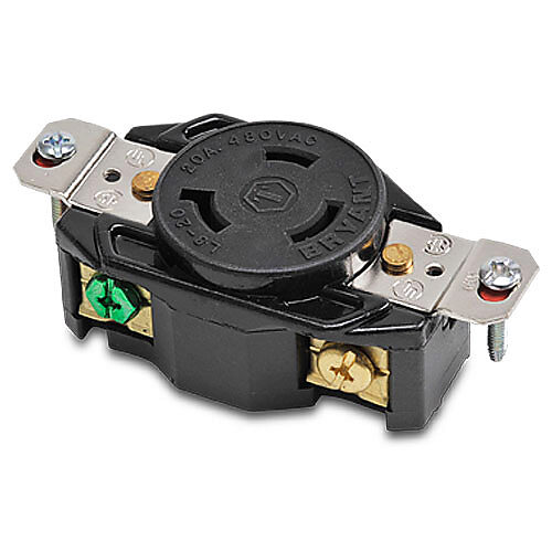 70820FR - Bryant industrial heavy duty single locking blade receptacle, 20A, 480 VAC, 1-phase, 2-pole, 3-wire, NEMA L8-20, nylon molded housing, black.