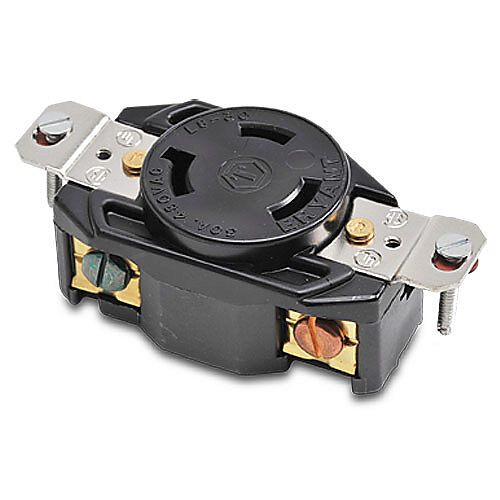 70830FR - Bryant industrial heavy duty single locking blade receptacle, 30A, 480 VAC, 1-phase, 2-pole, 3-wire, NEMA L8-30, nylon molded housing, black.