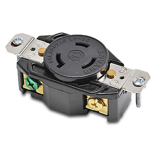 70920FR - Bryant industrial heavy duty single locking blade receptacle, 20A, 600 VAC, 1-phase, 2-pole, 3-wire, NEMA L9-20, nylon molded housing, black.