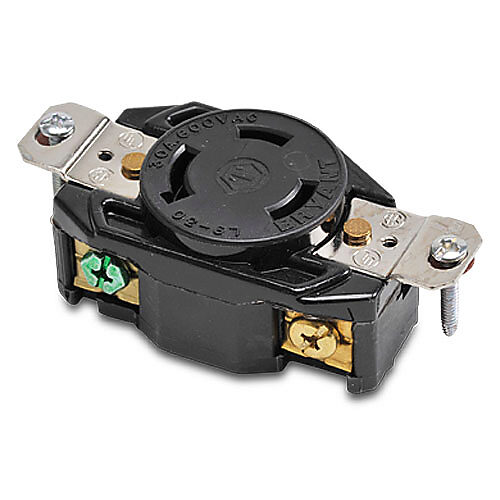 70930FR - Bryant industrial heavy duty single locking blade receptacle, 30A, 600 VAC, 1-phase, 2-pole, 3-wire, NEMA L9-30, nylon molded housing, black.