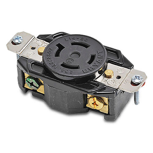 71420FR - Bryant industrial heavy duty single locking blade receptacle, 20A, 125/250 VAC, 1-phase, 3-pole, 4-wire, NEMA L14-20, nylon molded housing, black.