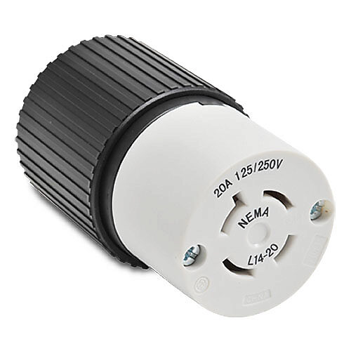 71420NC - Bryant industrial heavy duty locking blade connector, 20A, 125/250 VAC, 1-phase, 3-pole, 4-wire, NEMA L14-20, accepts cord size 0.46-1.15in, nylon housing, black and white.