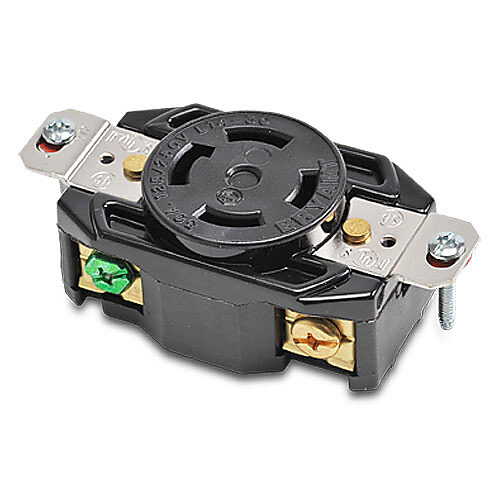 71430FR - Bryant industrial heavy duty single locking blade receptacle, 30A, 125/250 VAC, 1-phase, 3-pole, 4-wire, NEMA L14-30, nylon molded housing, black.