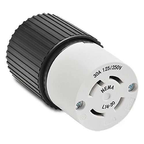 71430NC - Bryant industrial heavy duty locking blade connector, 30A, 125/250 VAC, 1-phase, 3-pole, 4-wire, NEMA L14-30, accepts cord size 0.46-1.15in, nylon housing, black and white.