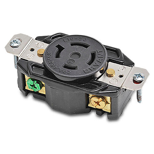 71620FR - Bryant industrial heavy duty single locking blade receptacle, 20A, 480 VAC, 3-phase, 3-pole, 4-wire, NEMA L16-20, nylon molded housing, black.