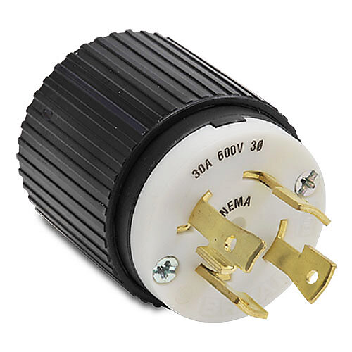 71730NP - Bryant industrial heavy duty locking blade plug, 30A, 600 VAC, 3-phase, 3-pole, 4-wire, NEMA L17-30, accepts cord size 0.46-1.15in, nylon housing, black and white.
