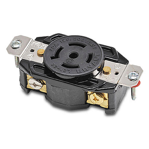 72120FR - Bryant industrial heavy duty single locking blade receptacle, 20A, 120/208 VAC, 3-phase, 4-pole, 5-wire, NEMA L21-20, nylon molded housing, black.