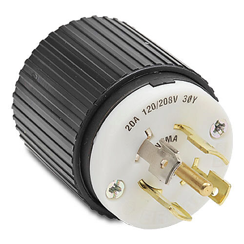 72120NP - Bryant industrial heavy duty locking blade plug, 20A, 120/208 VAC, 3-phase, 4-pole, 5-wire, NEMA L21-20, accepts cord size 0.46-1.15in, nylon housing, black and white.