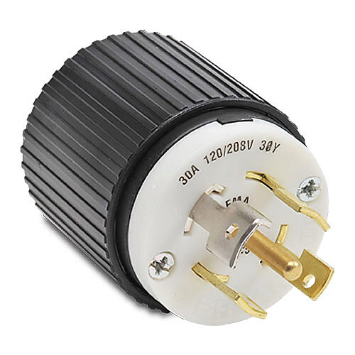 72130NP - Bryant industrial heavy duty locking blade plug, 30A, 120/208 VAC, 3-phase, 4-pole, 5-wire, NEMA L21-30, accepts cord size 0.46-1.15in, nylon housing, black and white.