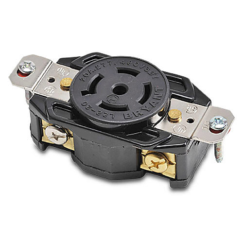 72220FR - Bryant industrial heavy duty single locking blade receptacle, 20A, 277/480 VAC, 3-phase, 4-pole, 5-wire, NEMA L22-20, nylon molded housing, black.