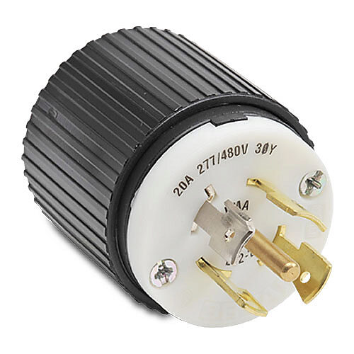 72220NP - Bryant industrial heavy duty locking blade plug, 20A, 277/480 VAC, 3-phase, 4-pole, 5-wire, NEMA L22-20, accepts cord size 0.46-1.15in, nylon housing, black and white.