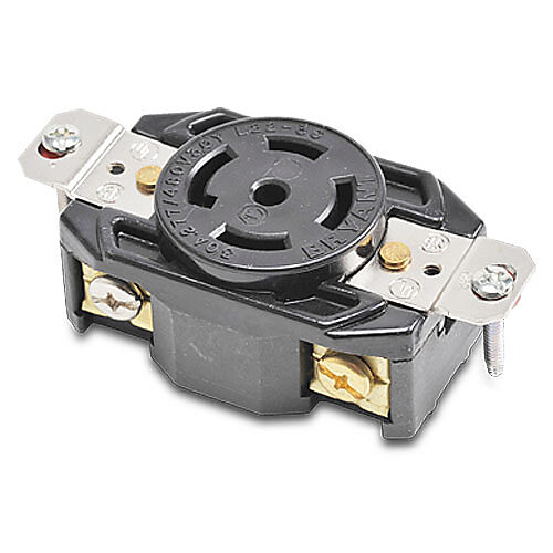 72230FR - Bryant industrial heavy duty single locking blade receptacle, 30A, 277/480 VAC, 3-phase, 4-pole, 5-wire, NEMA L22-30, nylon molded housing, black.