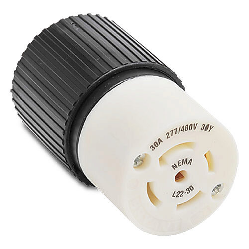 72230NC - Bryant industrial heavy duty locking blade connector, 30A, 277/480 VAC, 3-phase, 4-pole, 5-wire, NEMA L22-30, accepts cord size 0.46-1.15in, nylon housing, black and white.