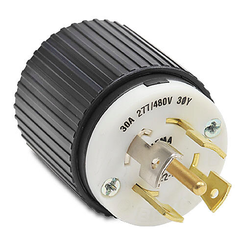 72230NP - Bryant industrial heavy duty locking blade plug, 30A, 277/480 VAC, 3-phase, 4-pole, 5-wire, NEMA L22-30, accepts cord size 0.46-1.15in, nylon housing, black and white.