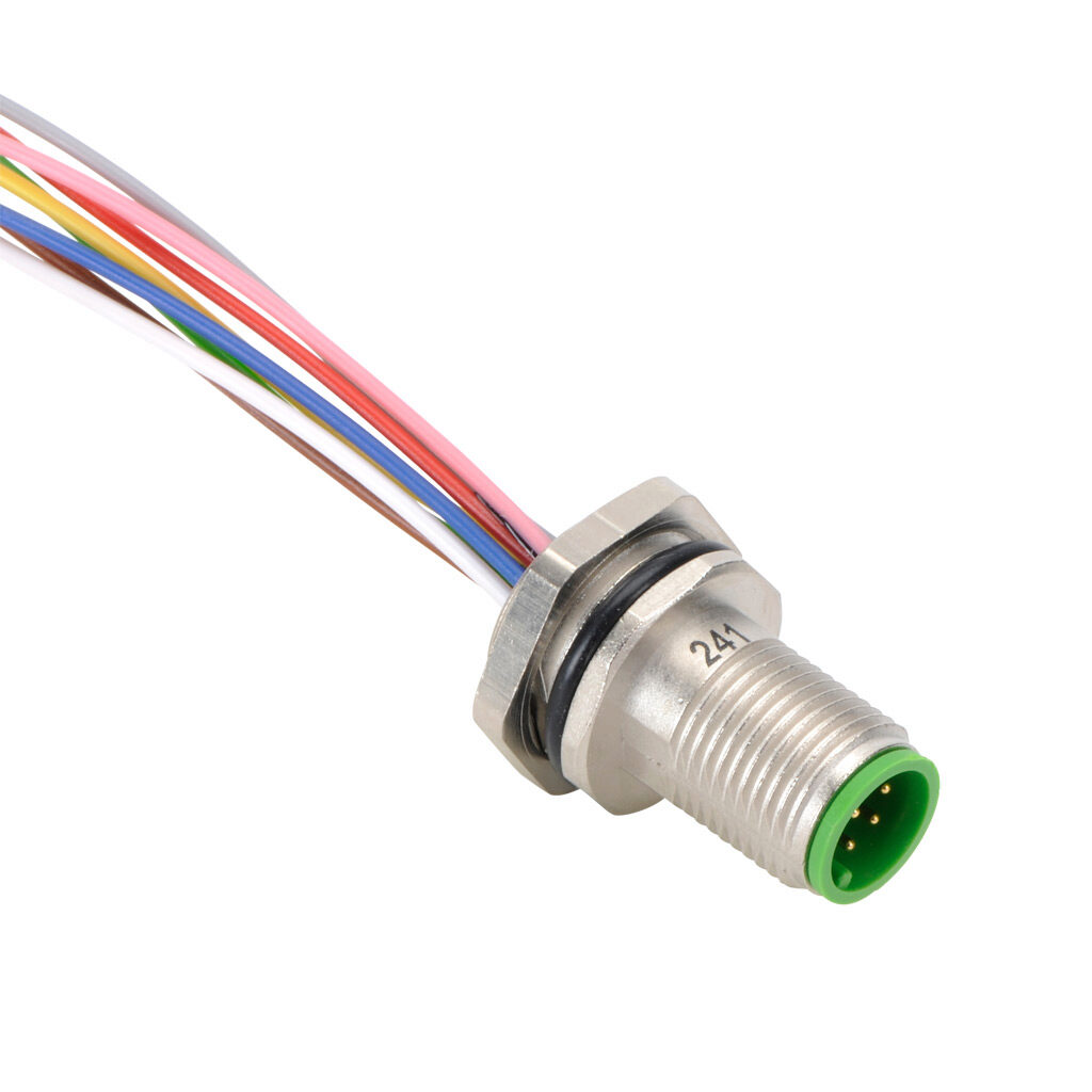 7231-17161-9730050 - Murrelektronik bulkhead connector, M12 8-wire male to pigtail, 24 AWG, 1.6ft/0.5m cable length, nylon 12 conductor insulation material, IP67.