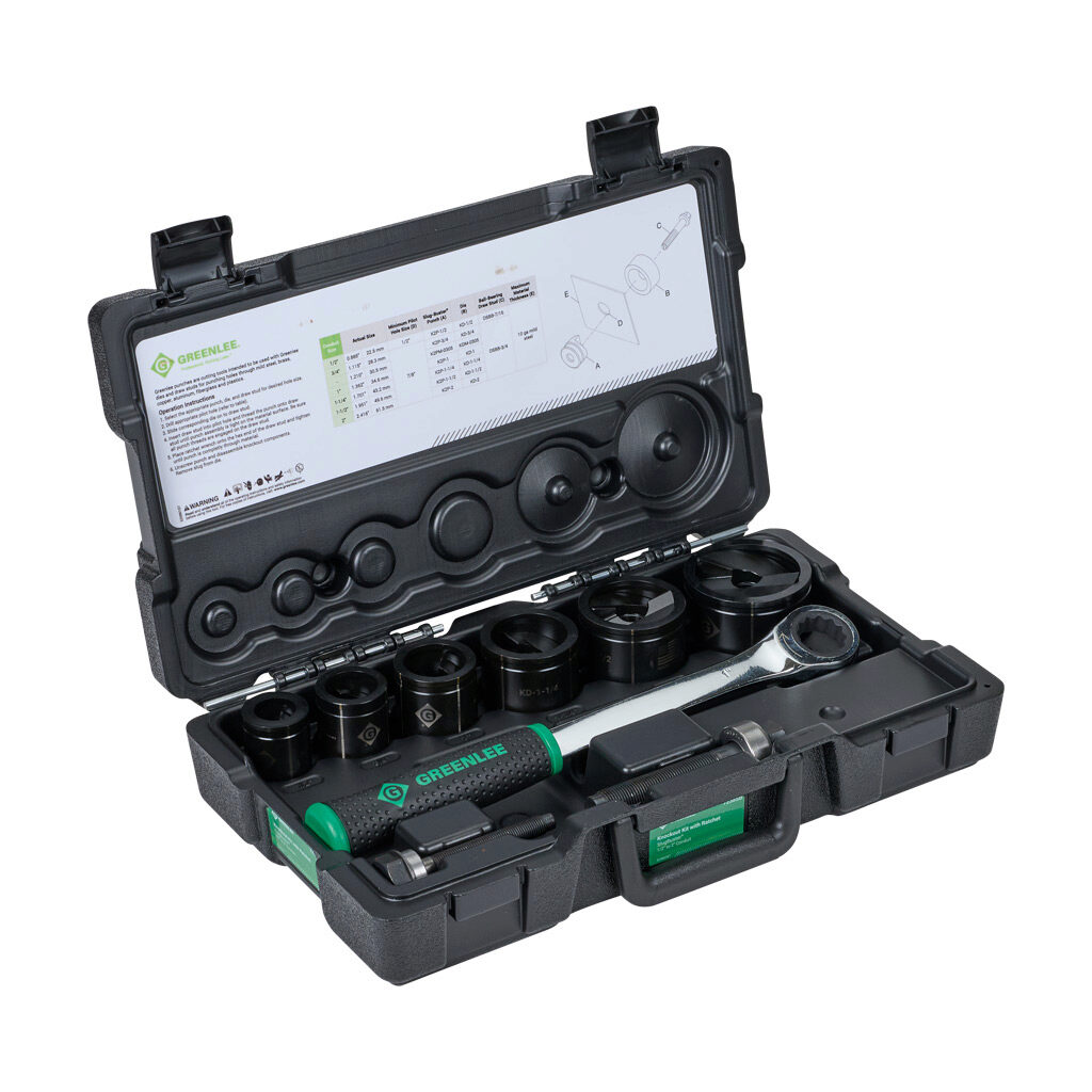 7238SB - Greenlee Slug-Buster knockout punch set, 10 pieces, round, 1/2in-2in conduit, plastic case.