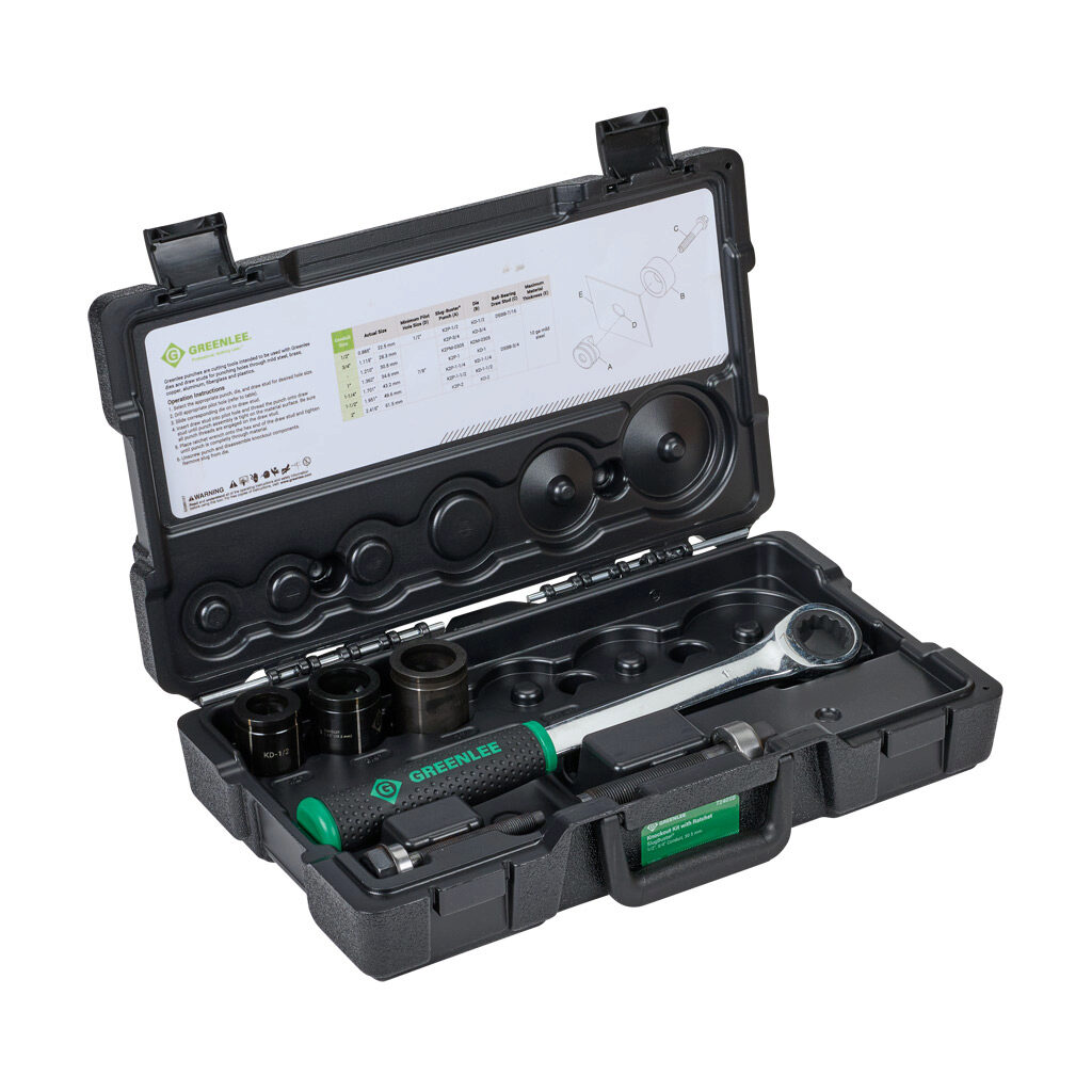 7240SB - Greenlee Slug-Buster knockout punch set, 7 pieces, round, 1/2in conduit, 3/4in conduit and 30.5mm, plastic case.