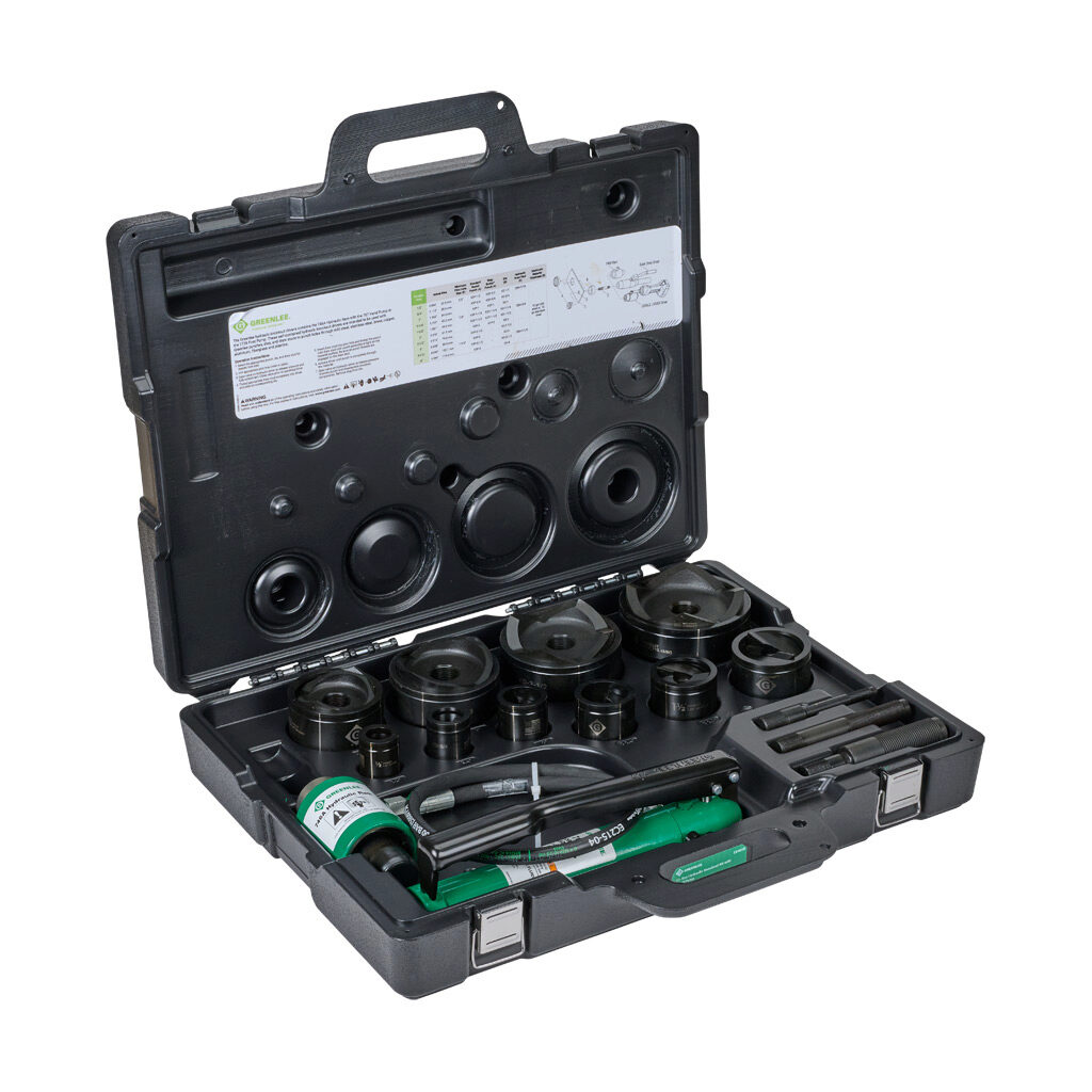 7310SB - Greenlee Slug-Buster knockout punch set, 15 pieces, 0-degree fixed head, round, 1/2in conduit-4in conduit, plastic case.