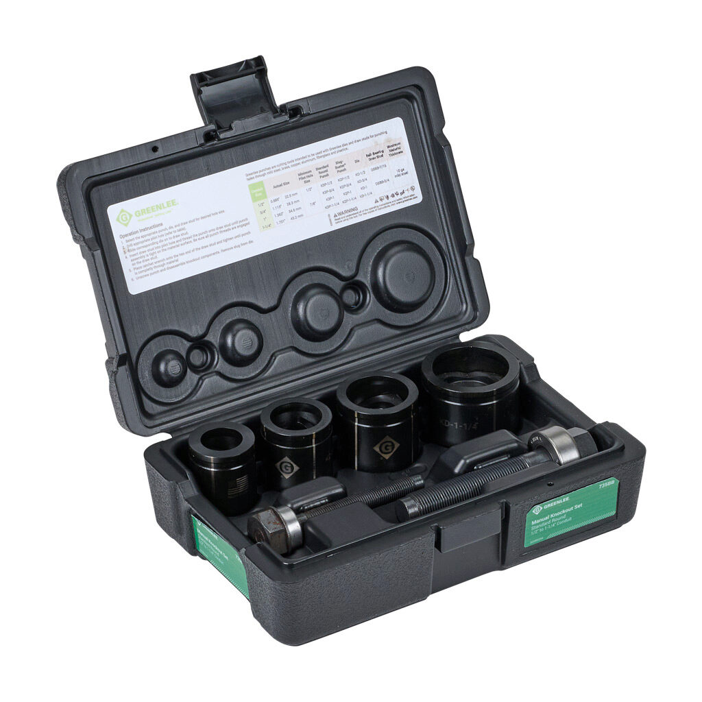 735BB - Greenlee Standard Round knockout punch set, 7 pieces, round, 1/2in-1-1/4in conduit, plastic case.