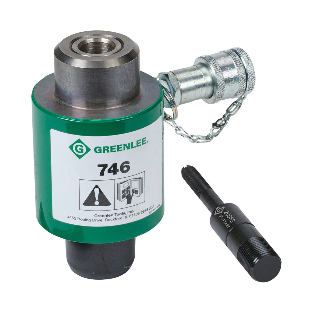 746 - Greenlee manual hydraulic ram, replacement, 0-degree fixed head. For use with 767 hand pump. (1) 3/4in hydraulic draw bolt, (1) 1/4in female coupler, and (1) dust plug included.