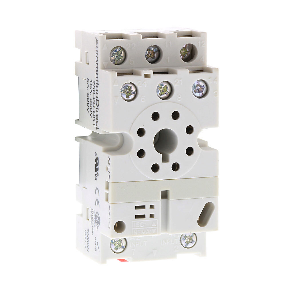 750-2C-SKT - AutomationDirect relay socket, 8-pin, 35mm DIN rail or panel mount. For use with 750-2C and H750-2C series octal relays.