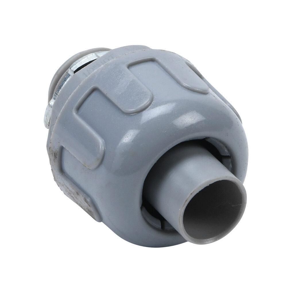 76205B - Halex fitting, liquid-tight, nylon, straight, 1/2in trade size, compression conduit connection, insulated, gray. Package of 25. For use with NM-Type B electrical conduit. Sealing washer and locknut included.
