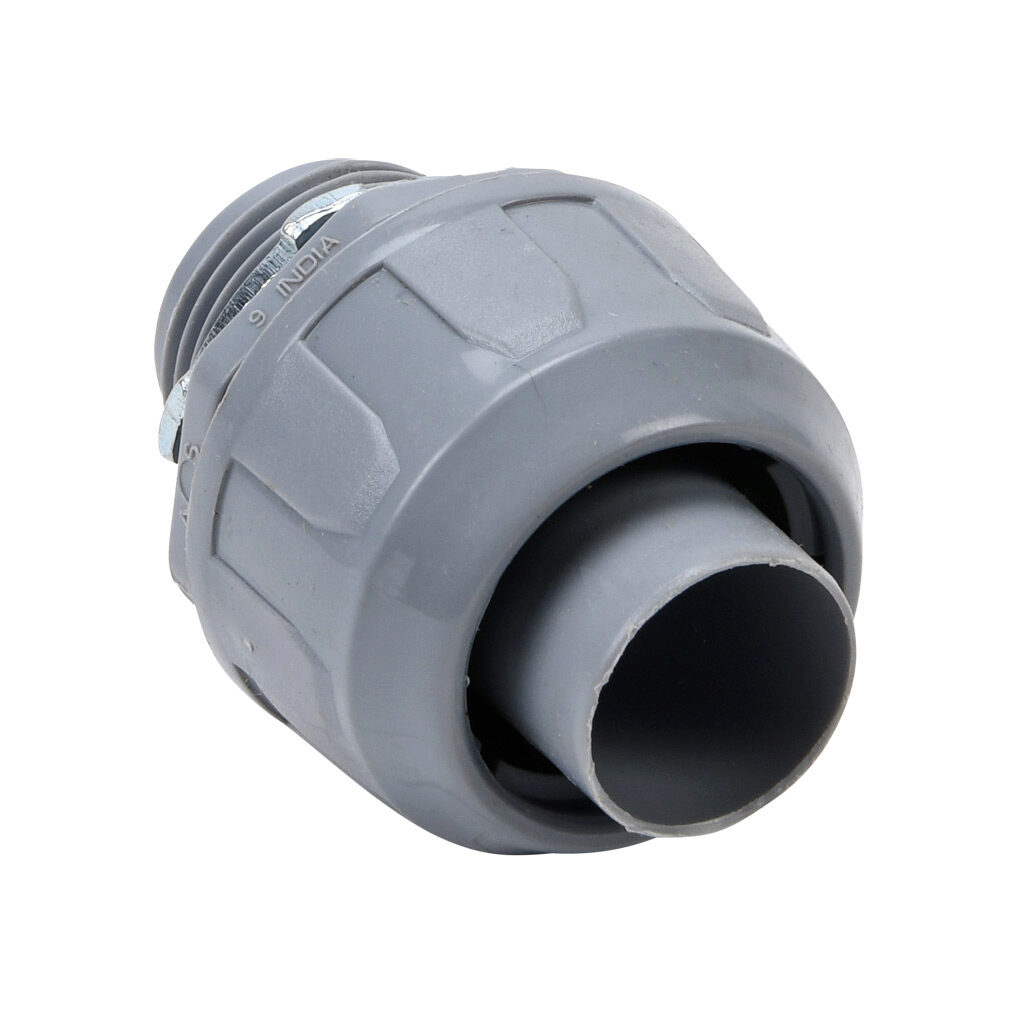 76207B - Halex fitting, liquid-tight, nylon, straight, 3/4in trade size, compression conduit connection, insulated, gray. Package of 10. For use with NM-Type B electrical conduit. Sealing washer and locknut included.