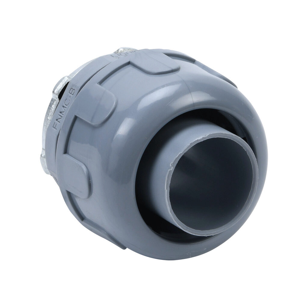 76210B - Halex fitting, liquid-tight, nylon, straight, 1in trade size, compression conduit connection, insulated, gray. Package of 5. For use with NM-Type B electrical conduit. Sealing washer and locknut included.