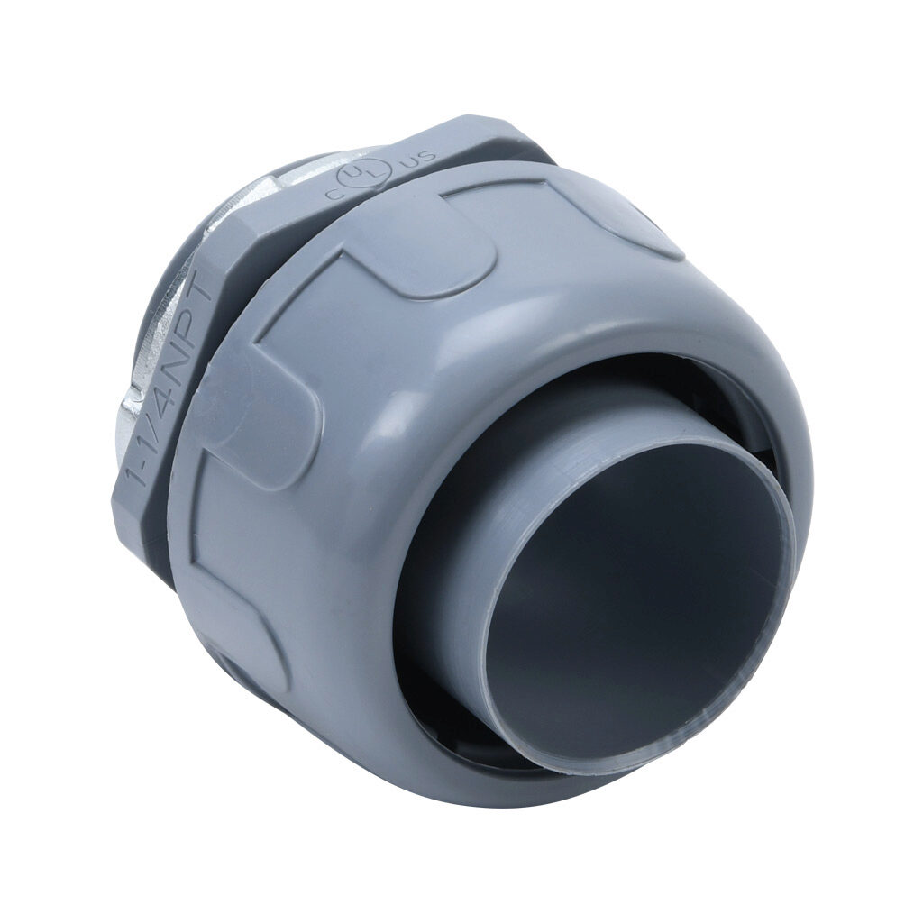 76212B - Halex fitting, liquid-tight, nylon, straight, 1-1/4in trade size, compression conduit connection, insulated, gray. Package of 5. For use with NM-Type B electrical conduit. Sealing washer and locknut included.