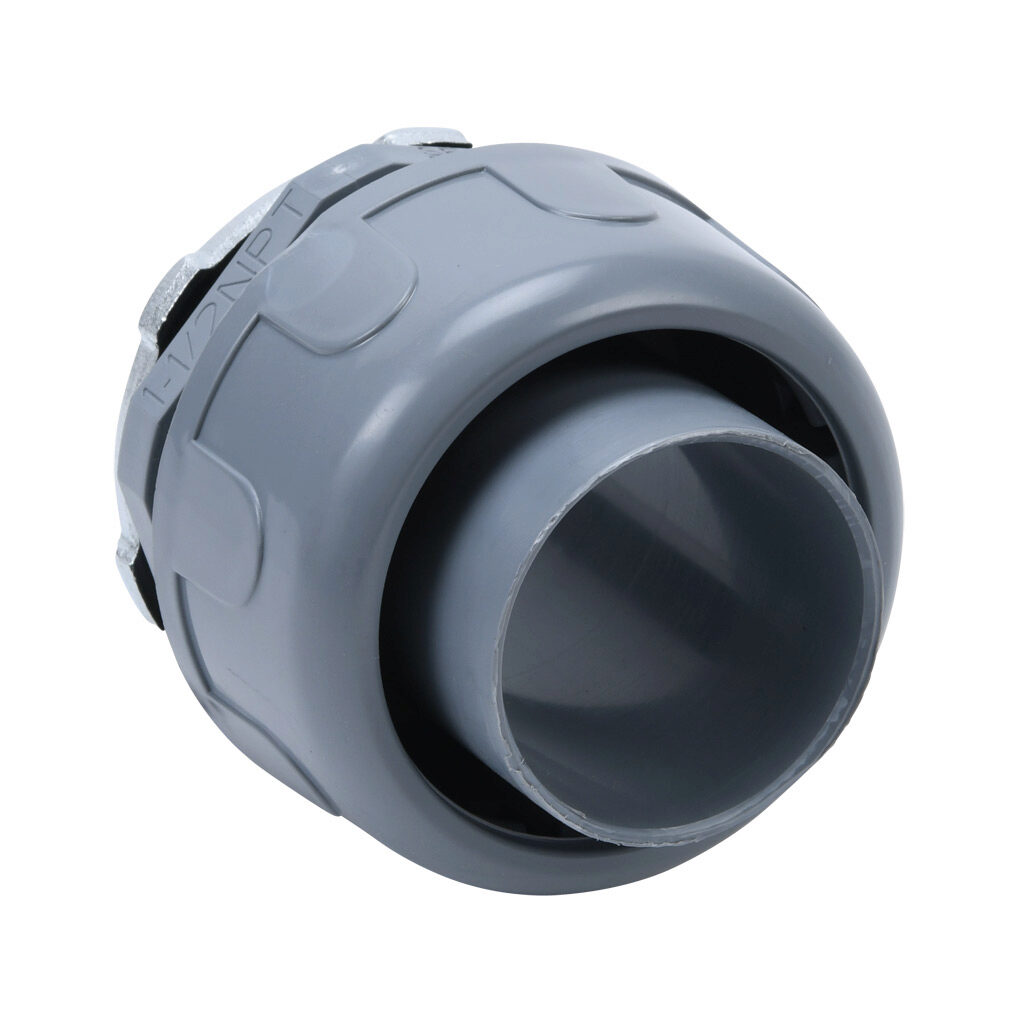 76215B - Halex fitting, liquid-tight, nylon, straight, 1-1/2in trade size, compression conduit connection, insulated, gray. Package of 2. For use with NM-Type B electrical conduit. Sealing washer and locknut included.