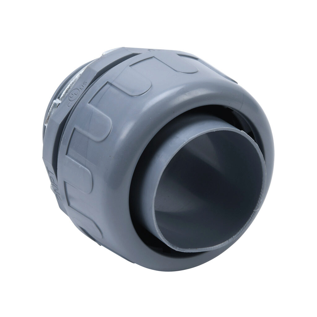 76220B - Halex fitting, liquid-tight, nylon, straight, 2in trade size, compression conduit connection, insulated, gray. Package of 2. For use with NM-Type B electrical conduit. Sealing washer and locknut included.