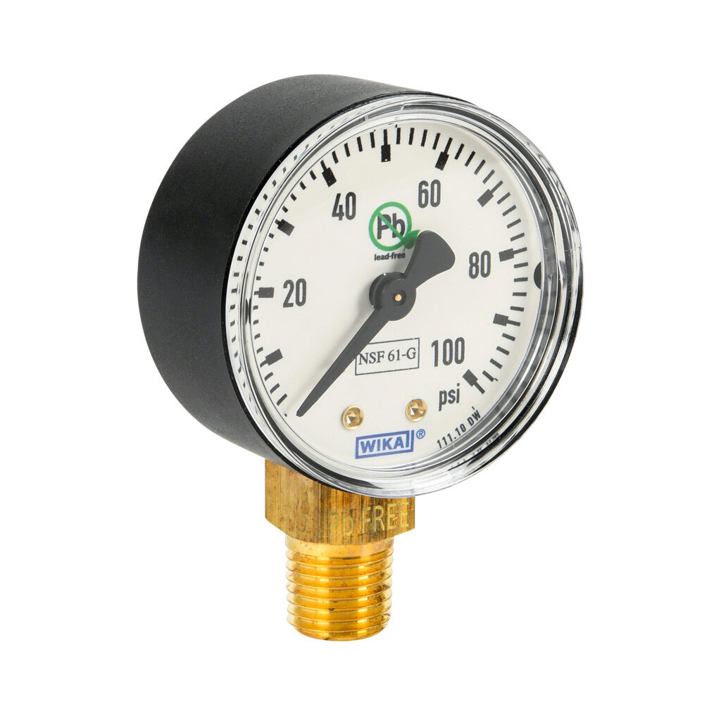 76249848 - WIKA 111.10DW mechanical pressure gauge, 2in diameter, 0 to 100 psig, black plastic dry case, lead-free brass wetted parts, 1/4in male NPT process connection, lower mount, NSF/ANSI 61 and NSF 372.