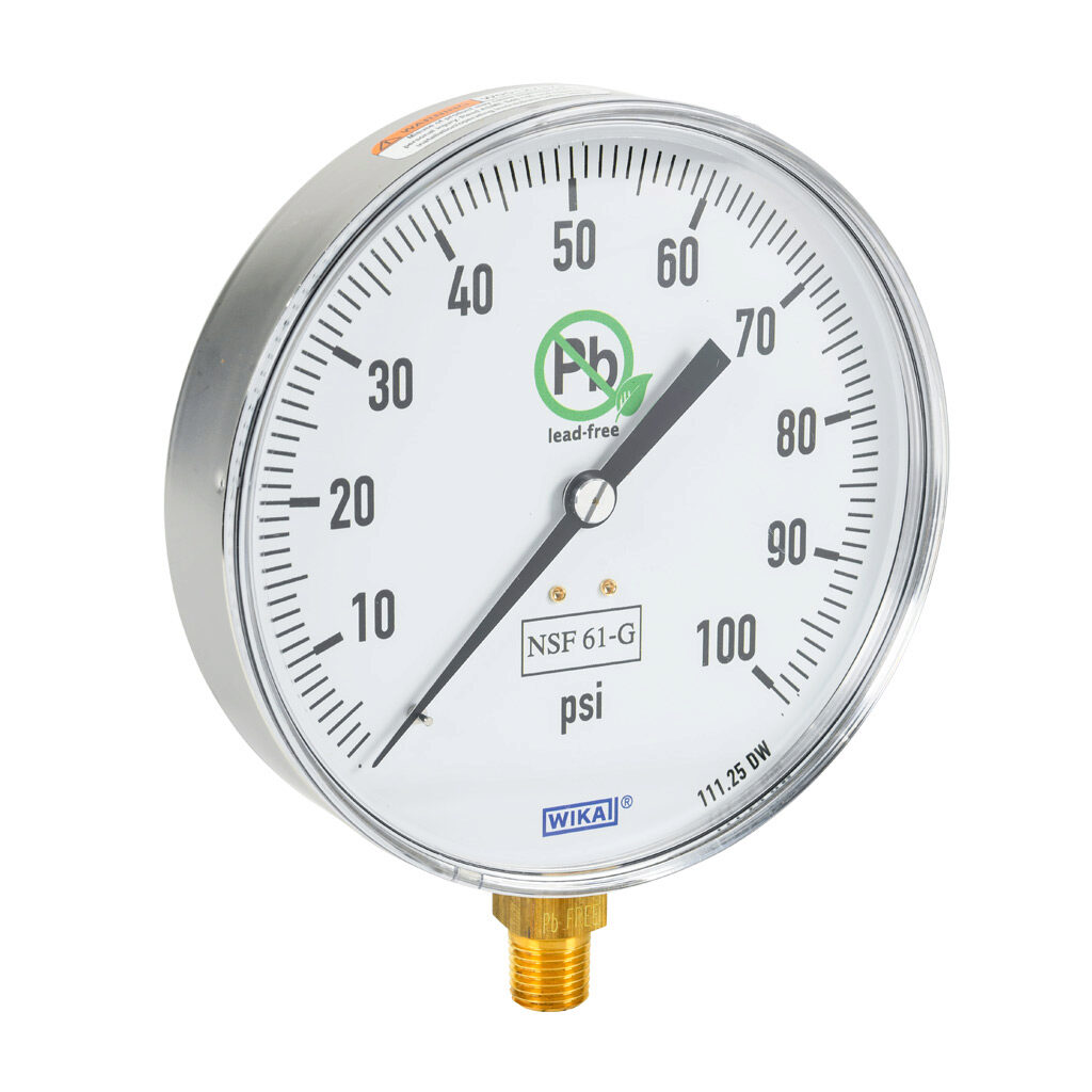 76249850 - WIKA 111.25DW mechanical pressure gauge, 4.5in diameter, 0 to 100 psig, stainless steel dry case, lead-free brass wetted parts, 1/4in male NPT process connection, lower mount, NSF/ANSI 61 and NSF 372.