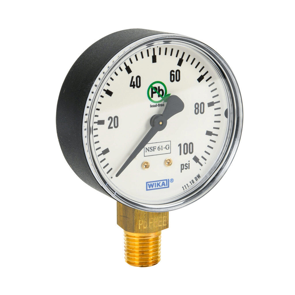 76249851 - WIKA 111.10DW mechanical pressure gauge, 2.5in diameter, 0 to 100 psig, black plastic dry case, lead-free brass wetted parts, 1/4in male NPT process connection, lower mount, NSF/ANSI 61 and NSF 372.