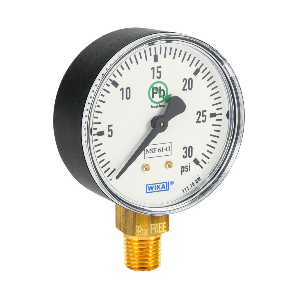 76249853 - WIKA 111.10DW mechanical pressure gauge, 2.5in diameter, 0 to 30 psig, black plastic dry case, lead-free brass wetted parts, 1/4in male NPT process connection, lower mount, NSF/ANSI 61 and NSF 372.