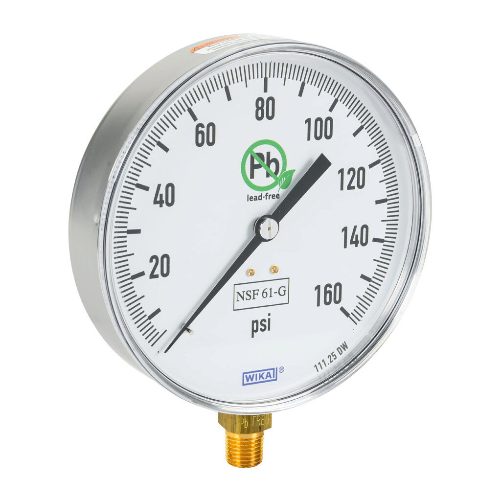 76249854 - WIKA 111.25DW mechanical pressure gauge, 4.5in diameter, 0 to 160 psig, stainless steel dry case, lead-free brass wetted parts, 1/4in male NPT process connection, lower mount, NSF/ANSI 61 and NSF 372.
