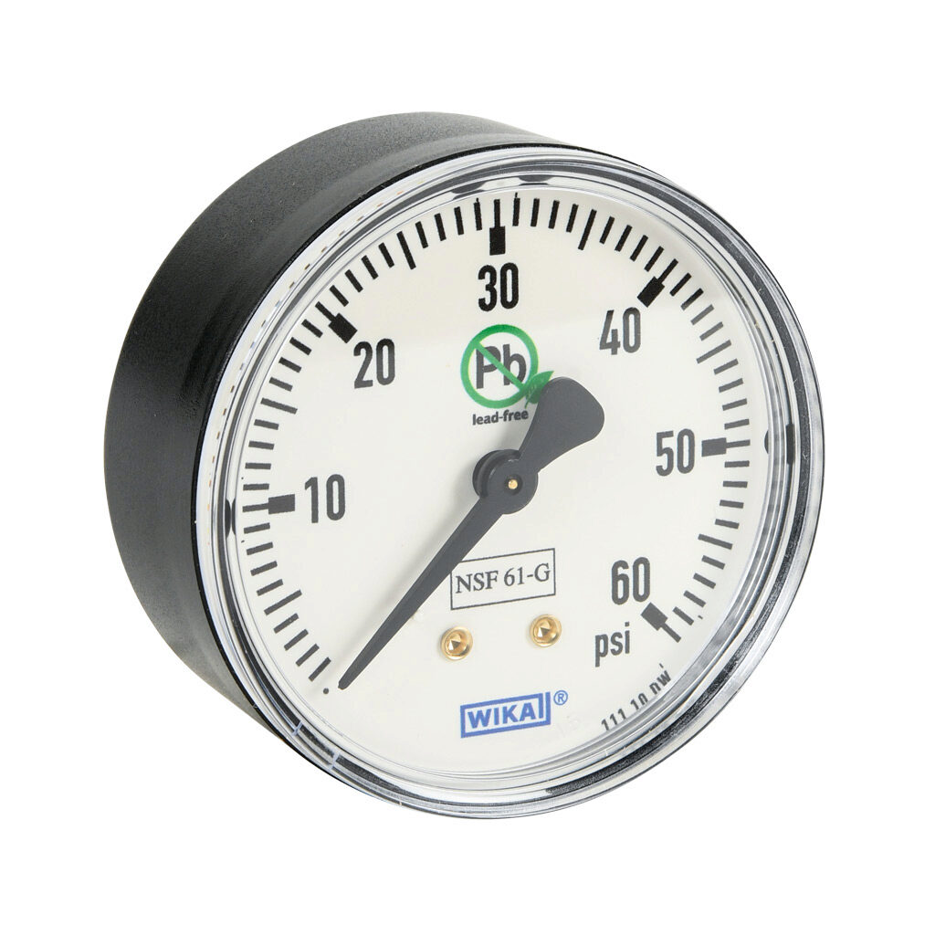 76249855 - WIKA 111.10DW mechanical pressure gauge, 2.5in diameter, 0 to 60 psig, black plastic dry case, lead-free brass wetted parts, 1/4in male NPT process connection, center back mount, NSF/ANSI 61 and NSF 372.