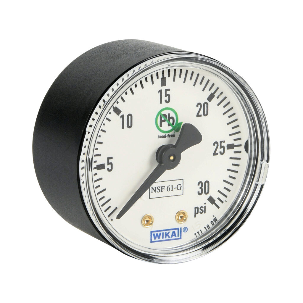 76249856 - WIKA 111.10DW mechanical pressure gauge, 2in diameter, 0 to 30 psig, black plastic dry case, lead-free brass wetted parts, 1/4in male NPT process connection, center back mount, NSF/ANSI 61 and NSF 372.