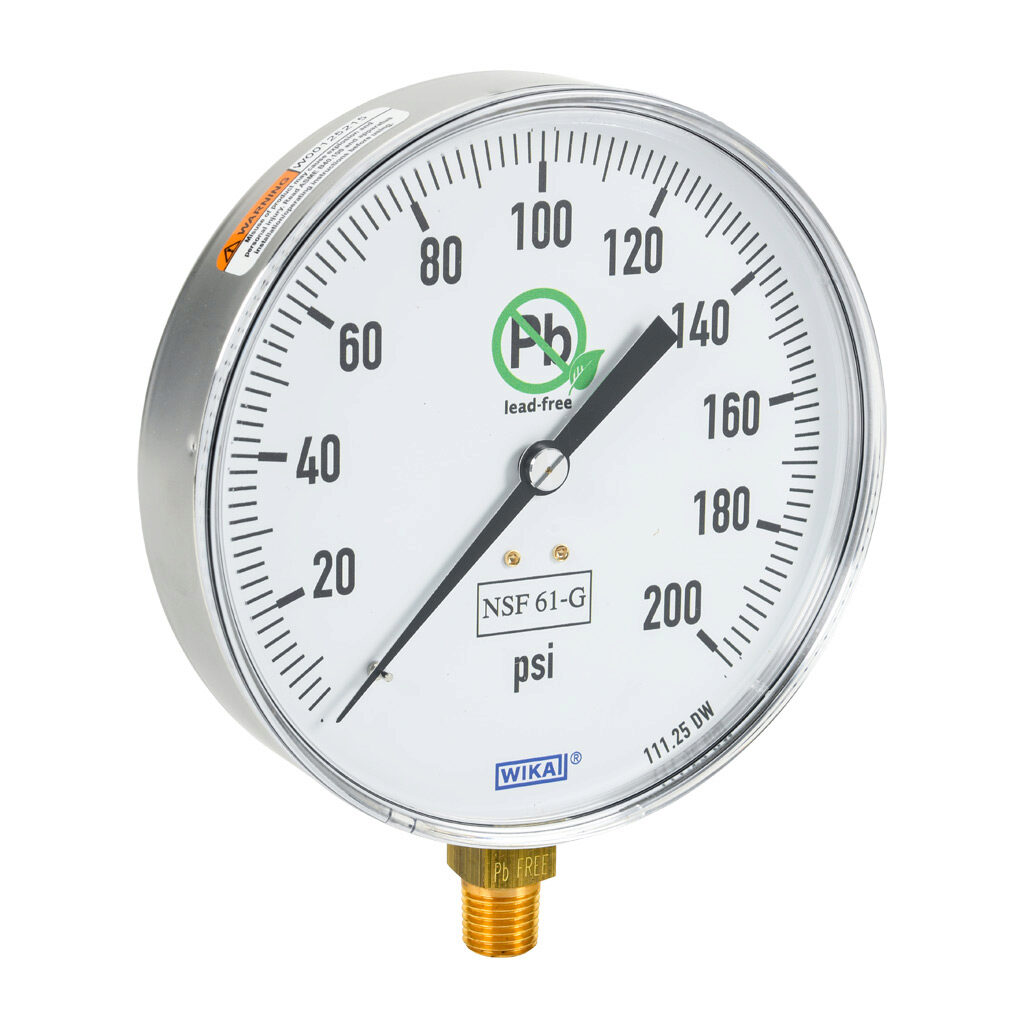 76249858 - WIKA 111.25DW mechanical pressure gauge, 4.5in diameter, 0 to 200 psig, stainless steel dry case, lead-free brass wetted parts, 1/4in male NPT process connection, lower mount, NSF/ANSI 61 and NSF 372.