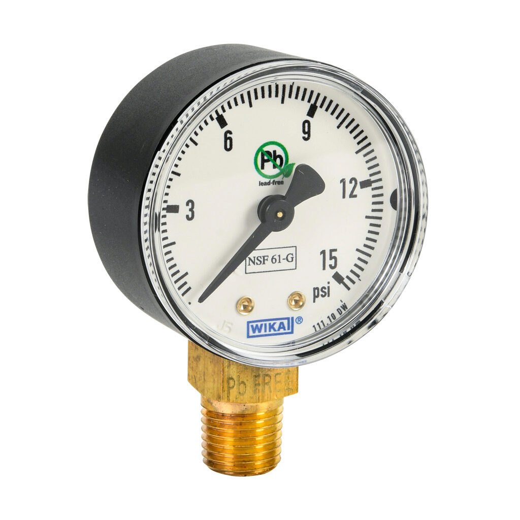 76249860 - WIKA 111.10DW mechanical pressure gauge, 2in diameter, 0 to 15 psig, black plastic dry case, lead-free brass wetted parts, 1/4in male NPT process connection, lower mount, NSF/ANSI 61 and NSF 372.